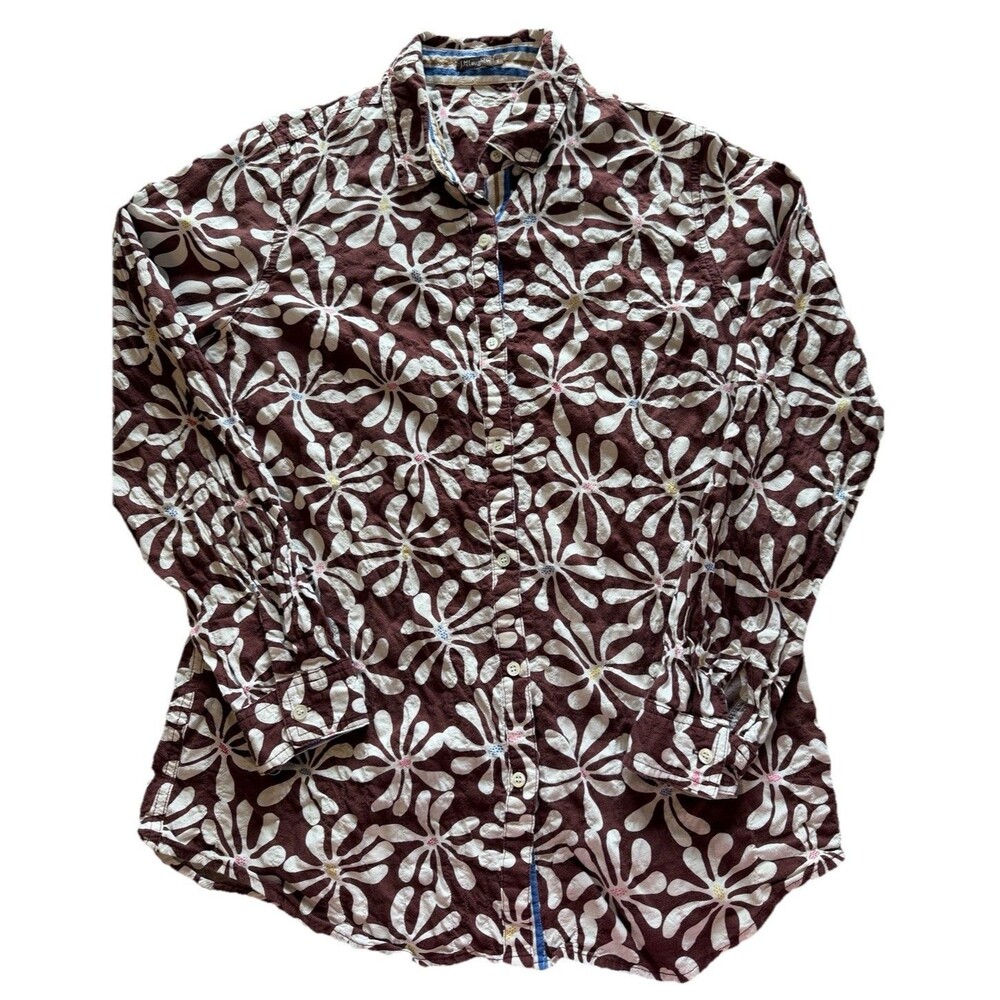 J McLaughlin Brown White Floral Print Button Up Long Sleeve Shirt Sz Small
